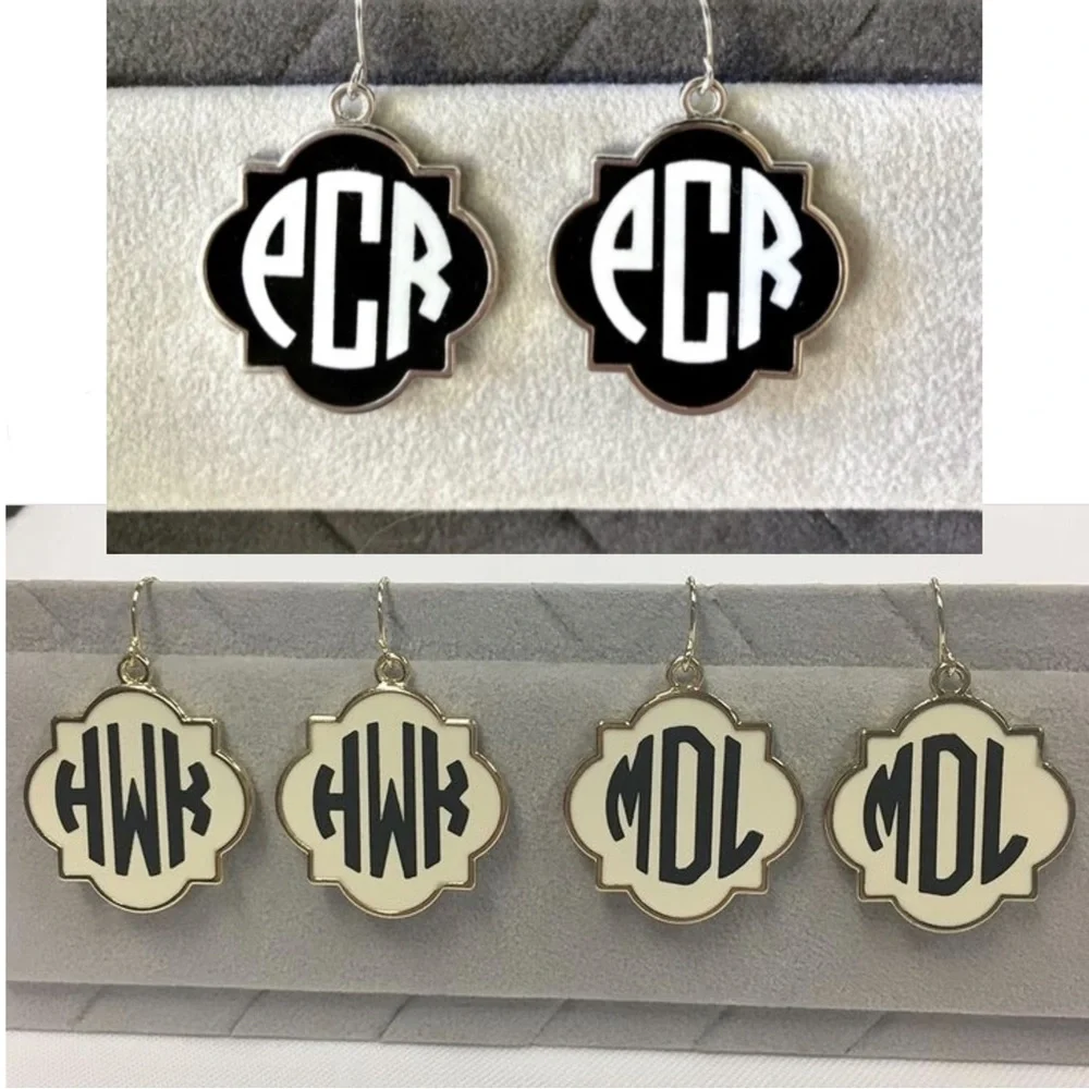 Custom Monogram Earrings Dangly Quatrefoil Cream Gold Pink Black Silver White